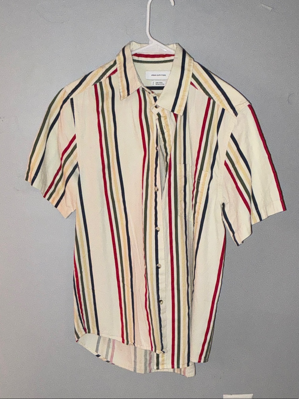 Striped Short-Sleeve Button-Up Shirt - Cream with Multi-Color Stripes